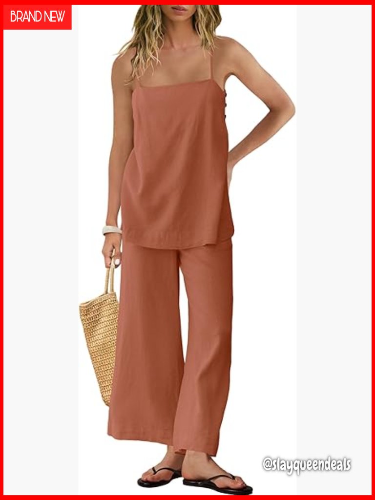 Linen Blend Pant Set With Spaghetti Strap Top And Wide Leg Pants
